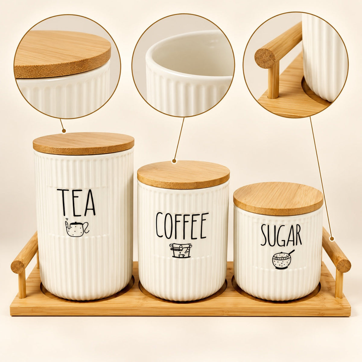 Ribbed ceramic tea coffee and sugar canister set feature details