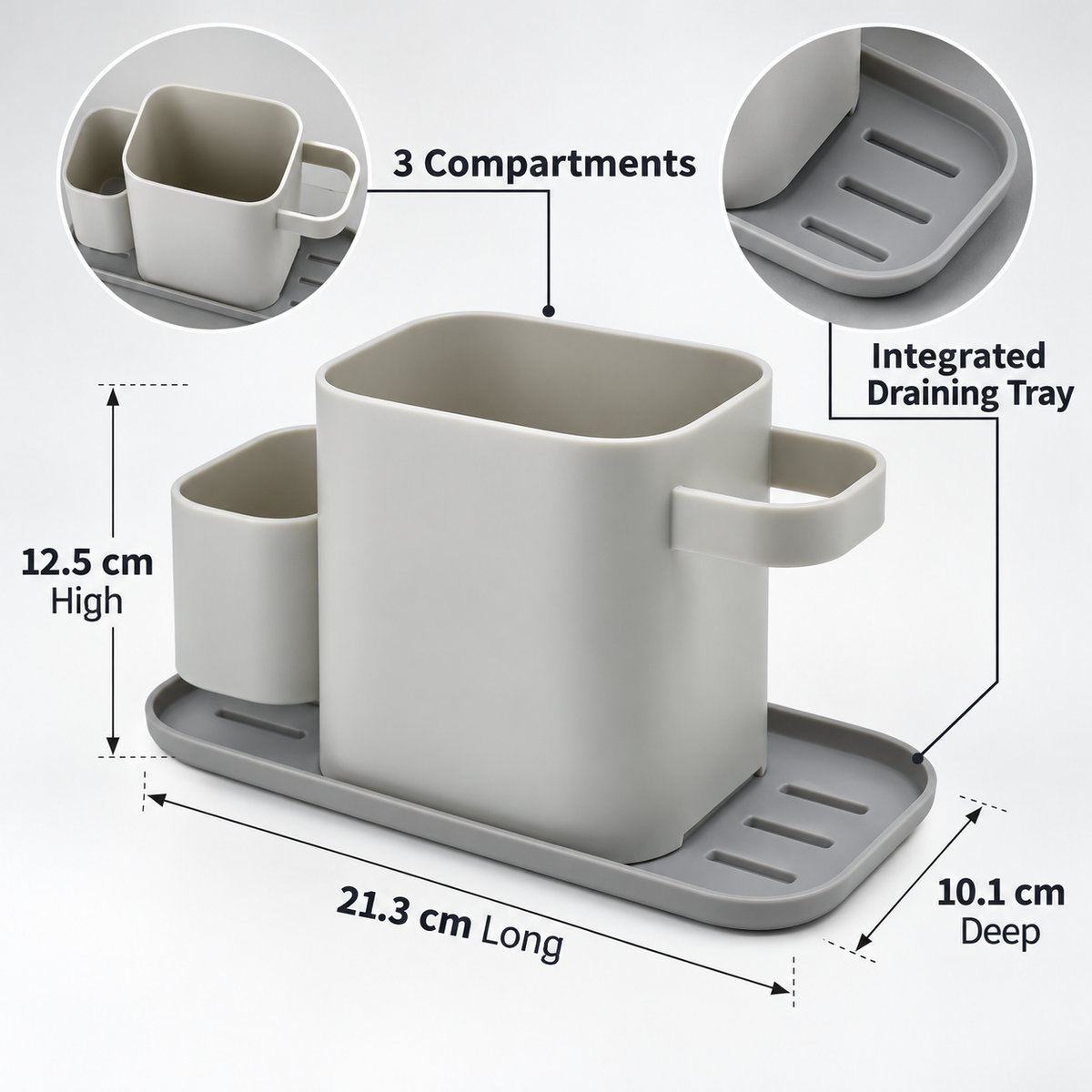 3-Compartment Kitchen Sink Organizer with Draining Tray – 21.3cm features
