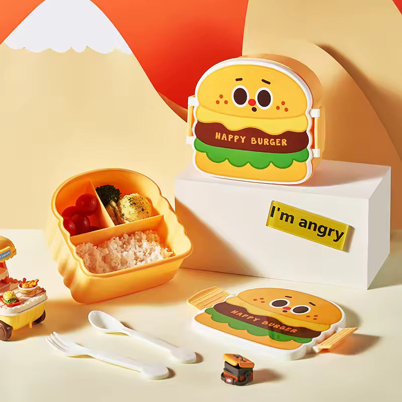Cute Happy Burger Kids Lunch Box with Compartments, Spoon & Fork