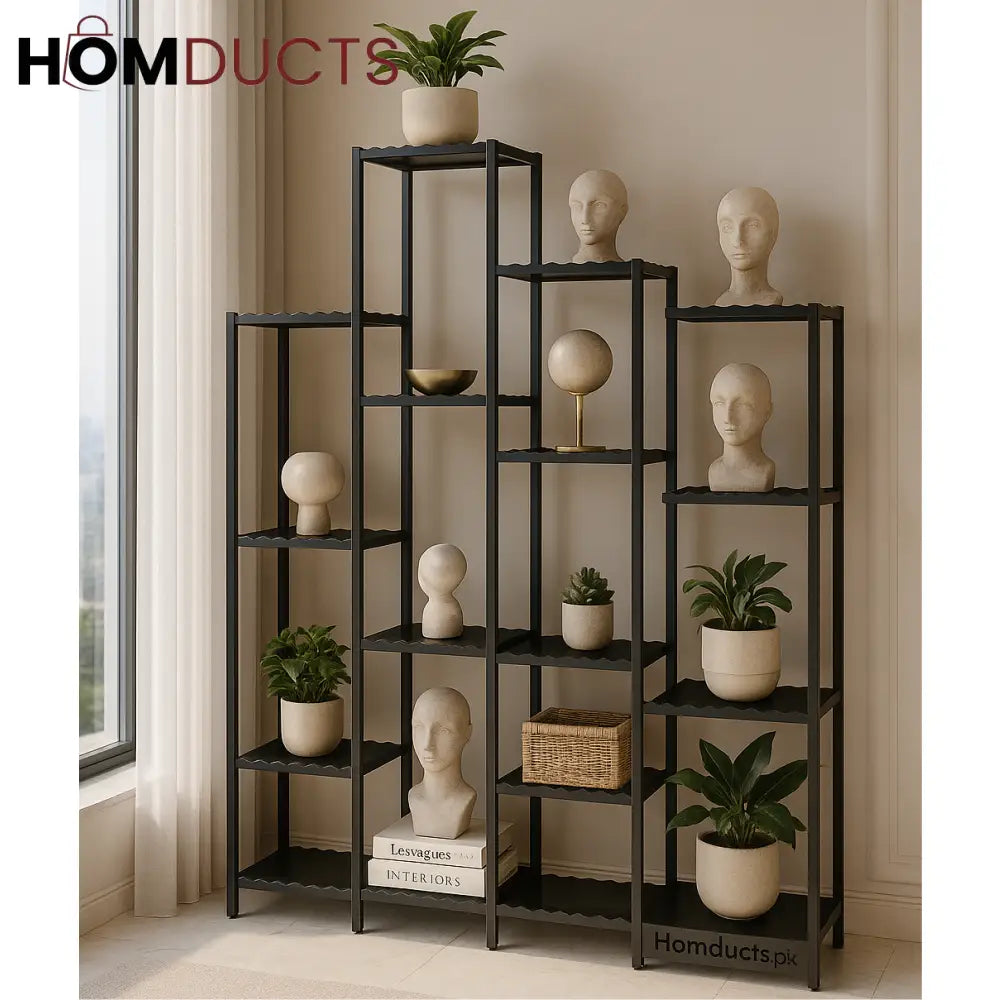 16-Tier Black Metal Display Shelf – Luxury Modular Organizer for Modern Interiors