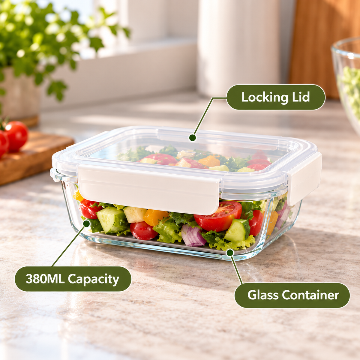 Double Lock Glass Food Keeper – 380ml feature infographic