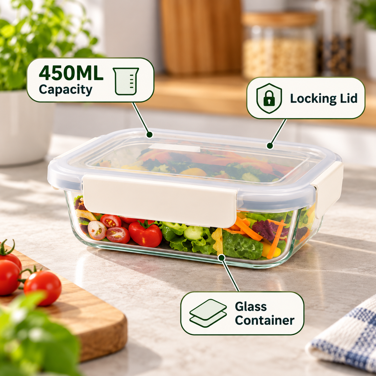 Double Lock Glass Food Keeper – 450ml feature infographic