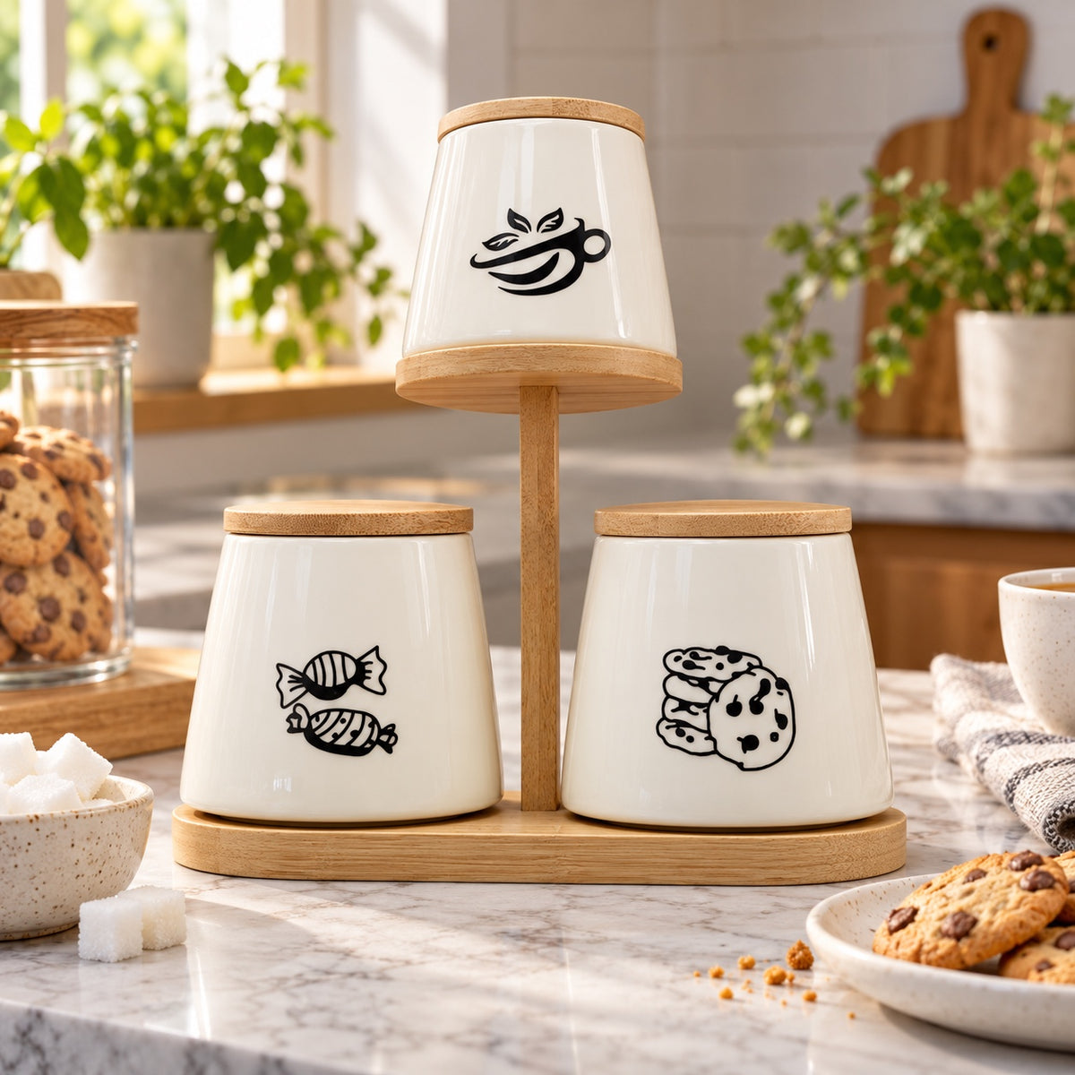 Tiered ceramic tea sugar and cookie canister set in a kitchen