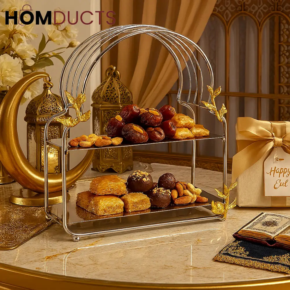 2-Tier Stainless Steel Snack Tray with Arch Frame & Gold Accents
