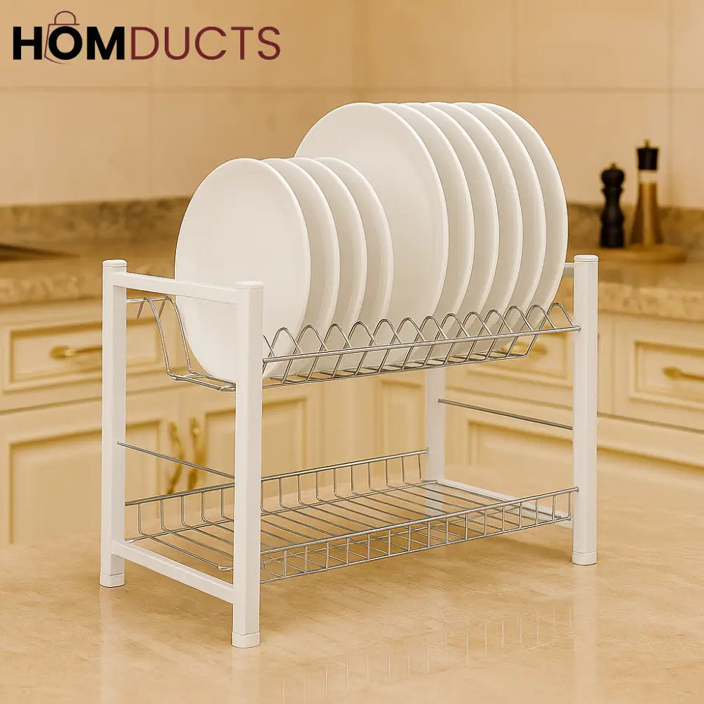 2-Tier White Dish Drying Rack – Compact Kitchen Organizer for
