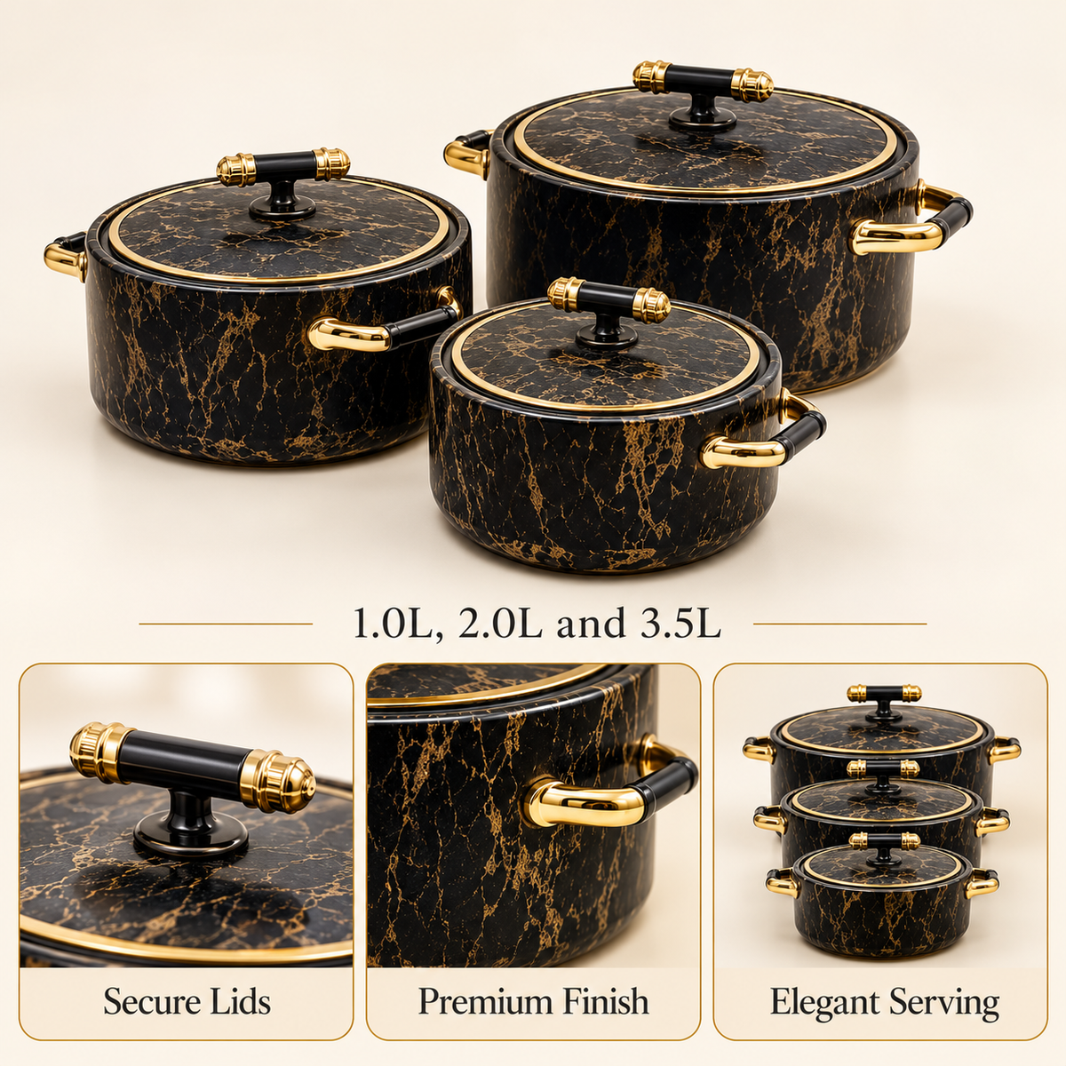 2511 Luxury 3-Piece Hot Pot Set – Black Marble Design B features and capacity details