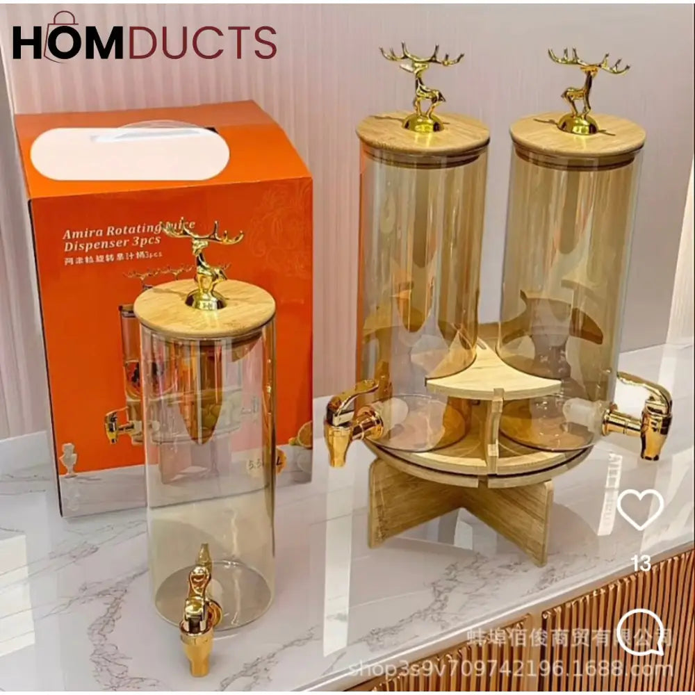 3-in-1 Rotating Beverage Dispenser with Golden Deer Lid β Elegant Glass Juice & Drink Dispenser for Parties Events &