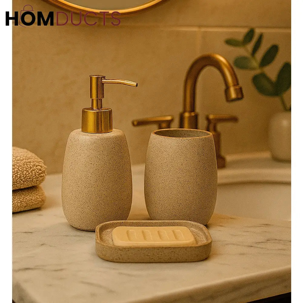 3-Piece Ceramic Bathroom Accessory Set with Golden Pump – Soap Dispenser Toothbrush Holder & Soap Dish