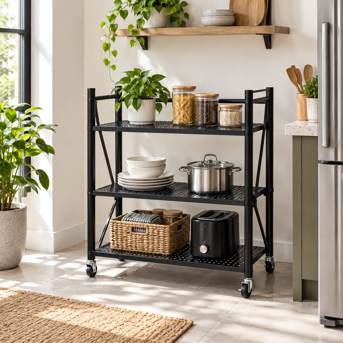 3-Tier Black Metal Folding Shelf – Multipurpose Storage Rack