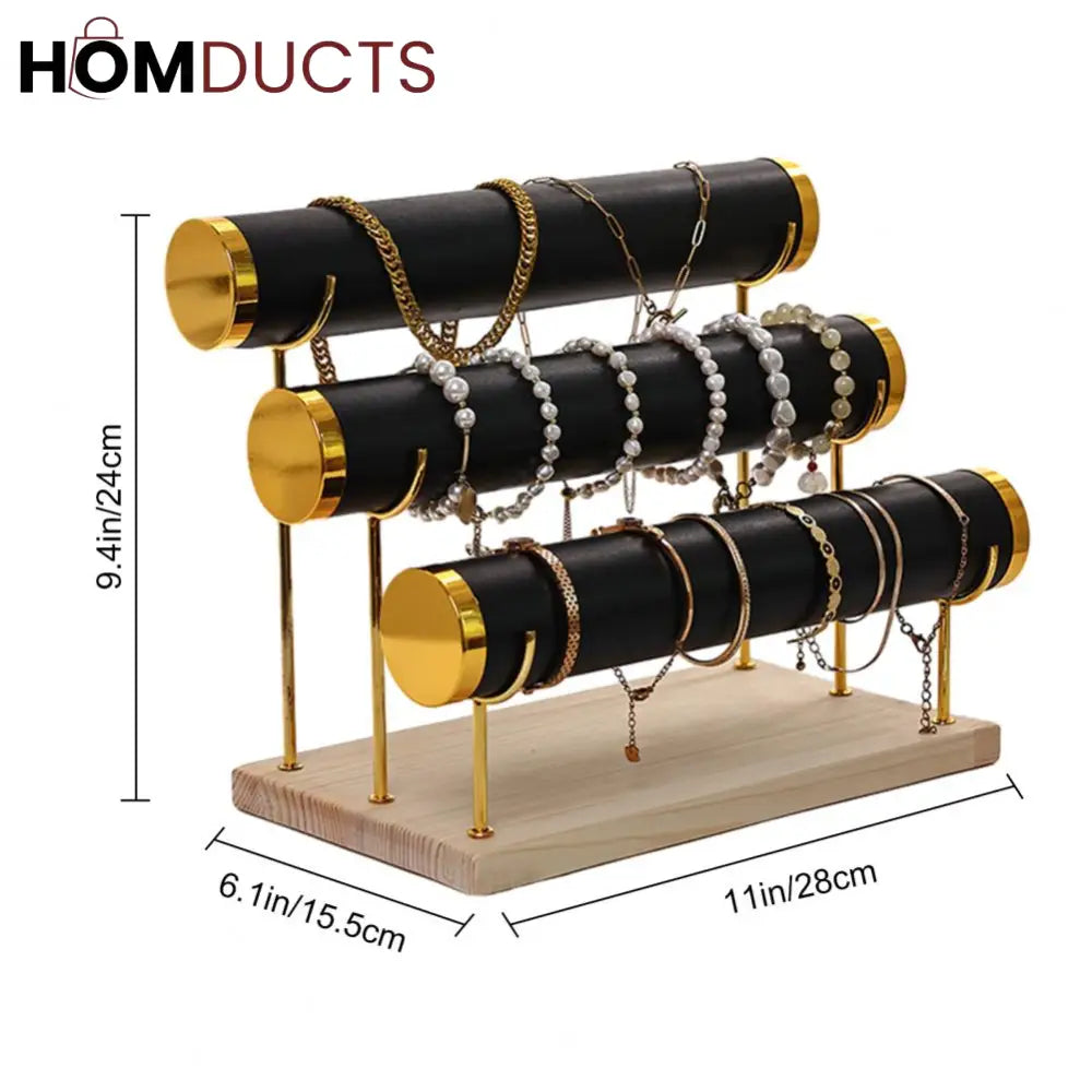 3-Tier Velvet Bracelet & Bangle Display Stand – Elegant Jewelry Organizer with Gold Accents & Wooden Base