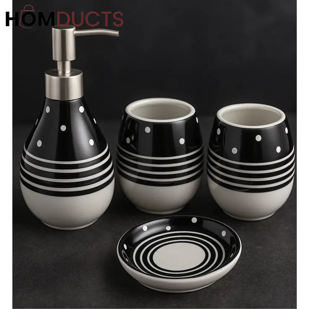 4-Piece Black & White Ceramic Bathroom Set – Polka Dot Design