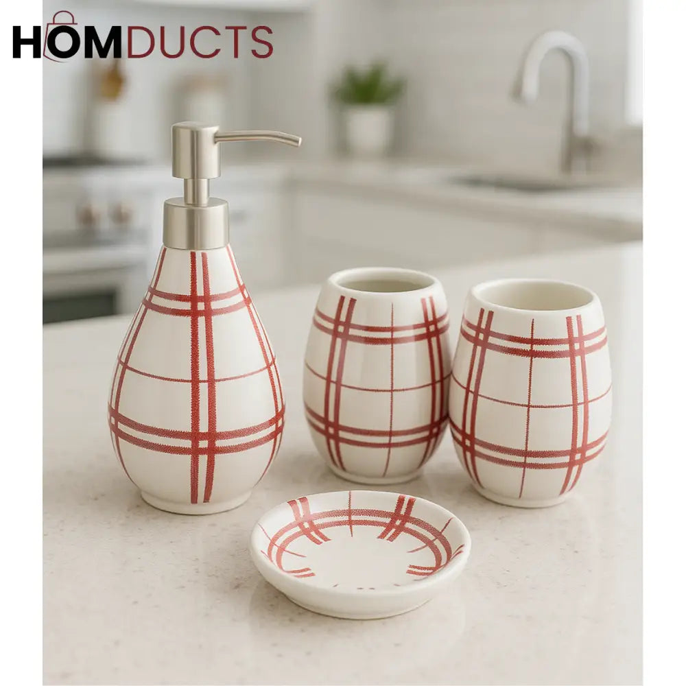 4-Piece Red Plaid Ceramic Bathroom Accessories Set