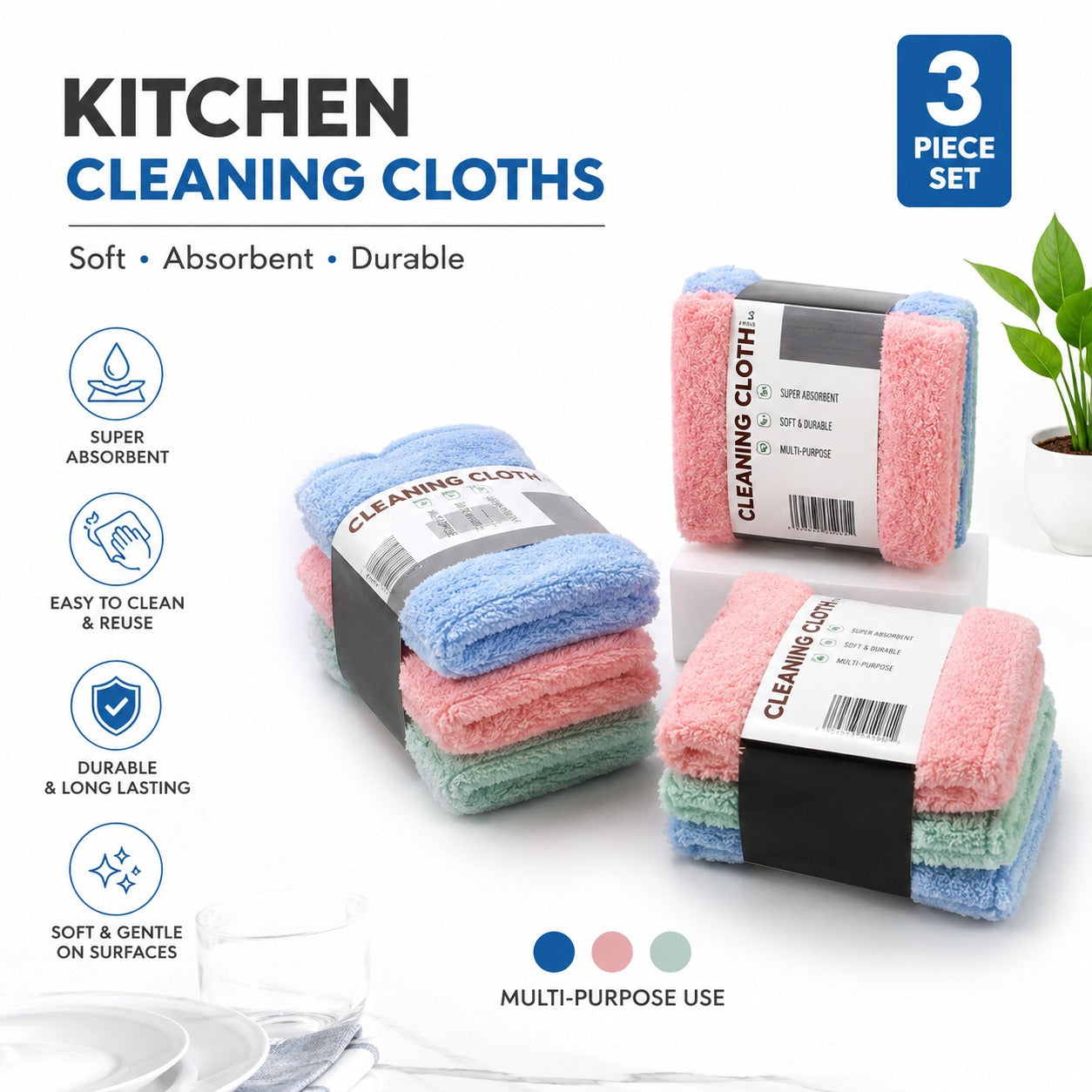 3-Piece Microfiber Kitchen Cleaning Cloth Set – Soft, Super Absorbent & Reusable