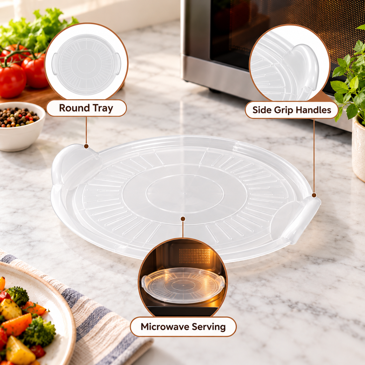 Double Lock Round Microwave Serving Tray feature infographic
