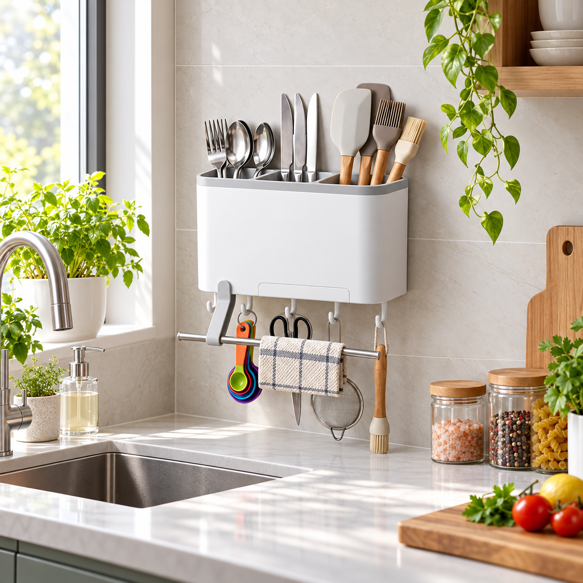 Wall-Mounted Kitchen Cutlery Holder with Hooks & Towel Bar
