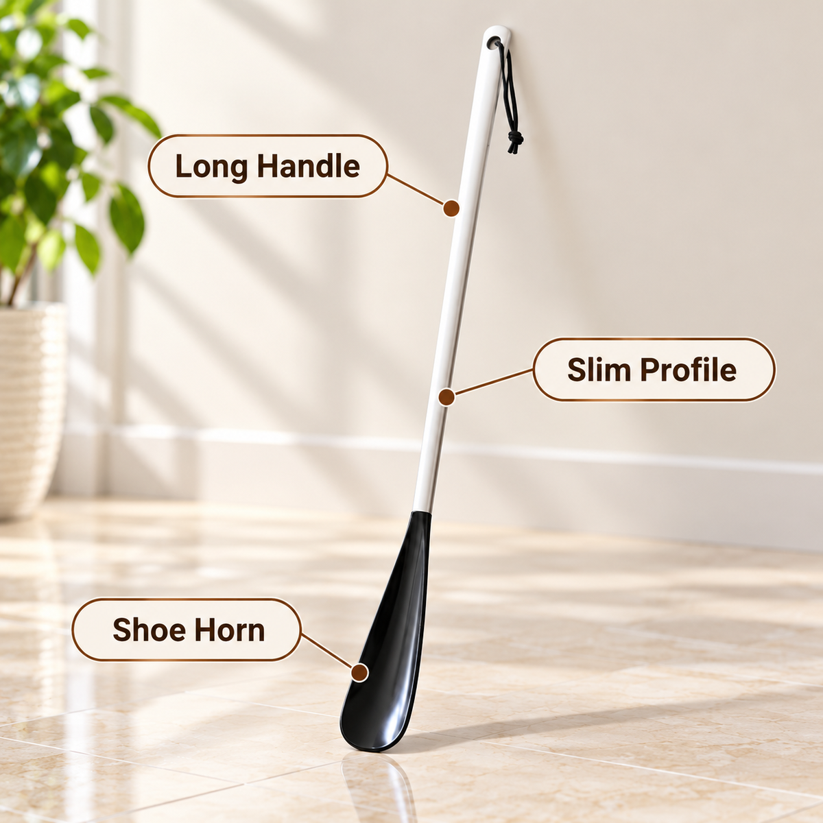 DecoBella Long-Handle Shoe Horn feature infographic