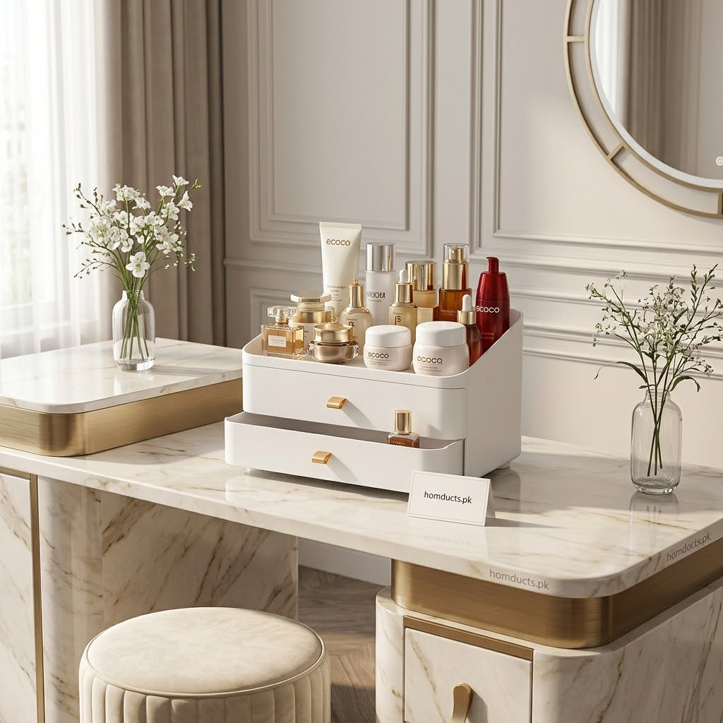 ECOCO 2-Drawer Cosmetic & Jewellery Organizer with Open Top Storage – White Makeup Organizer