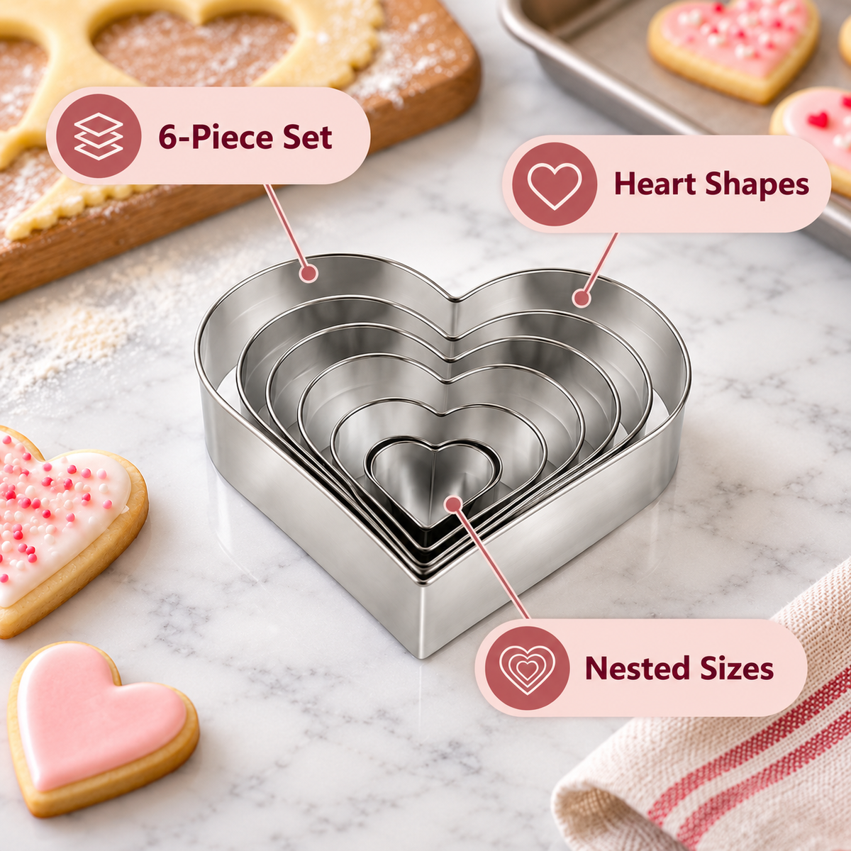 Tescoma 6-Piece Heart-Shaped Cookie Cutter Set feature infographic