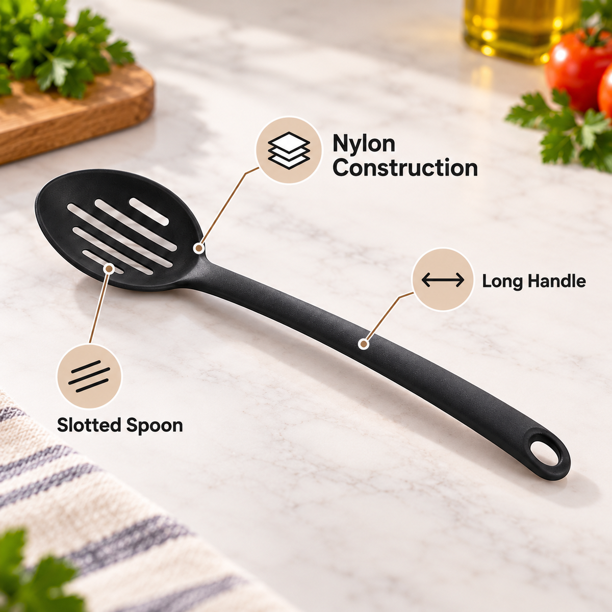 Tescoma Spaceline Nylon Slotted Spoon feature infographic