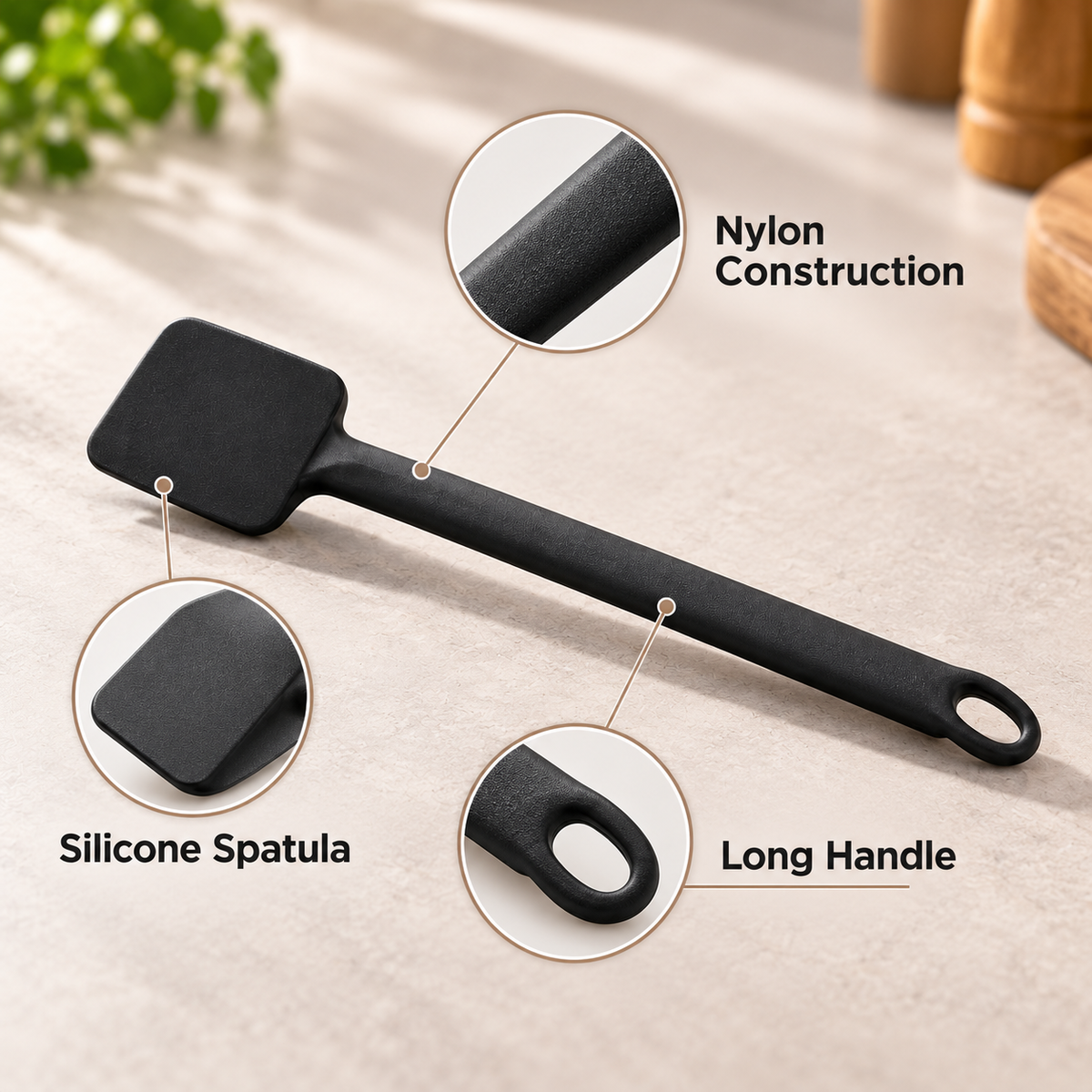 Tescoma Spaceline Nylon Silicone Spatula feature infographic