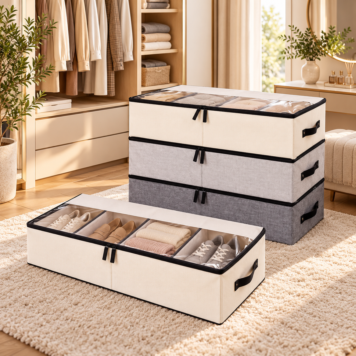 Foldable Fabric Shoe & Clothing Storage Organizer with Clear Lid