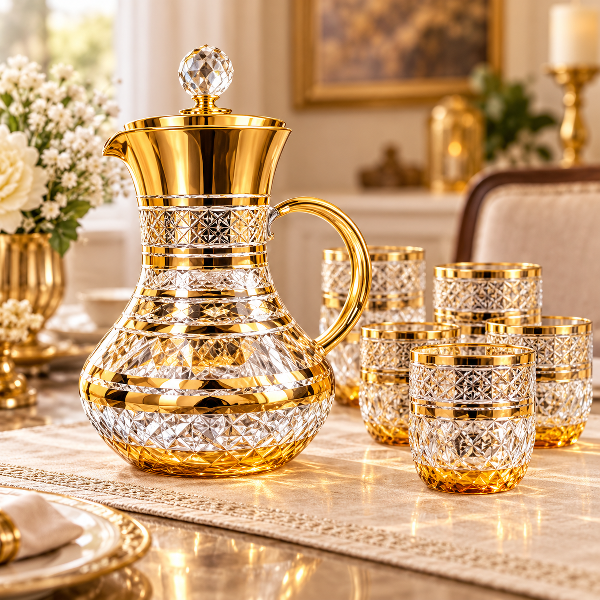 Royal Cut Gold Glass Jug & Tumbler Set