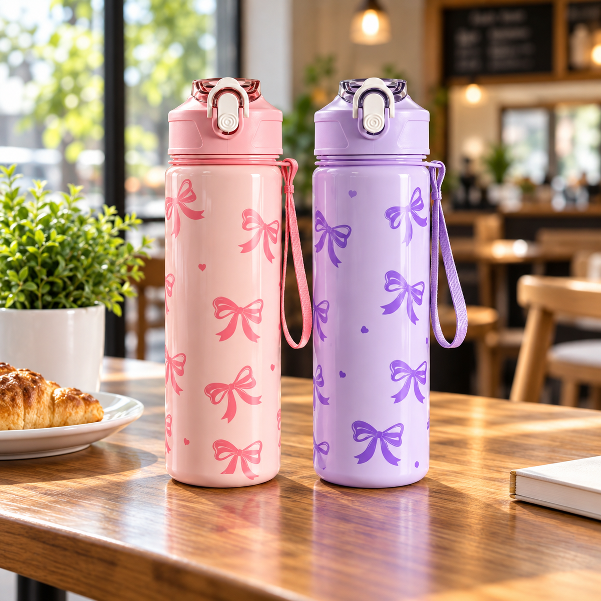 800ml Bow Print Plastic Water Bottle with Straw