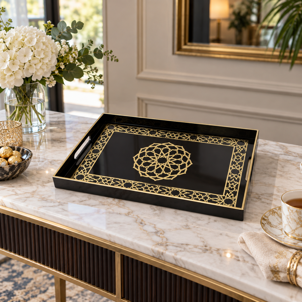 Rectangular black and gold geometric serving tray