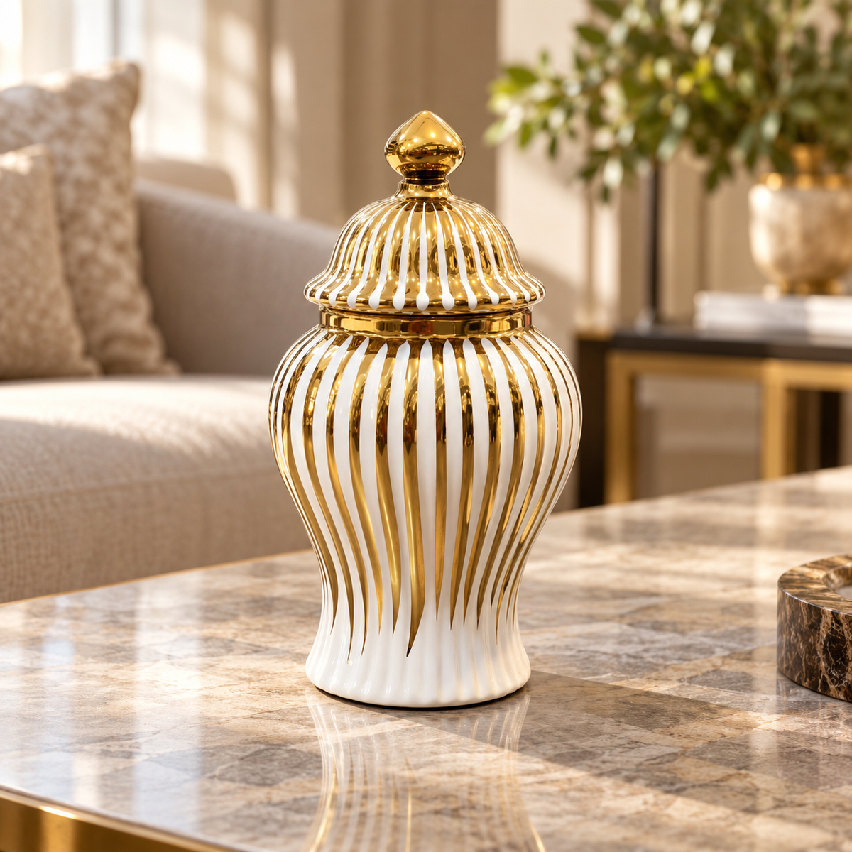 Luxury White & Gold Striped Lidded Decorative Jar – 9 Inch