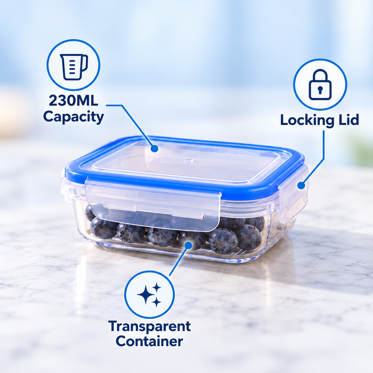 Double Lock Rectangular Food Keeper – 230ml feature infographic
