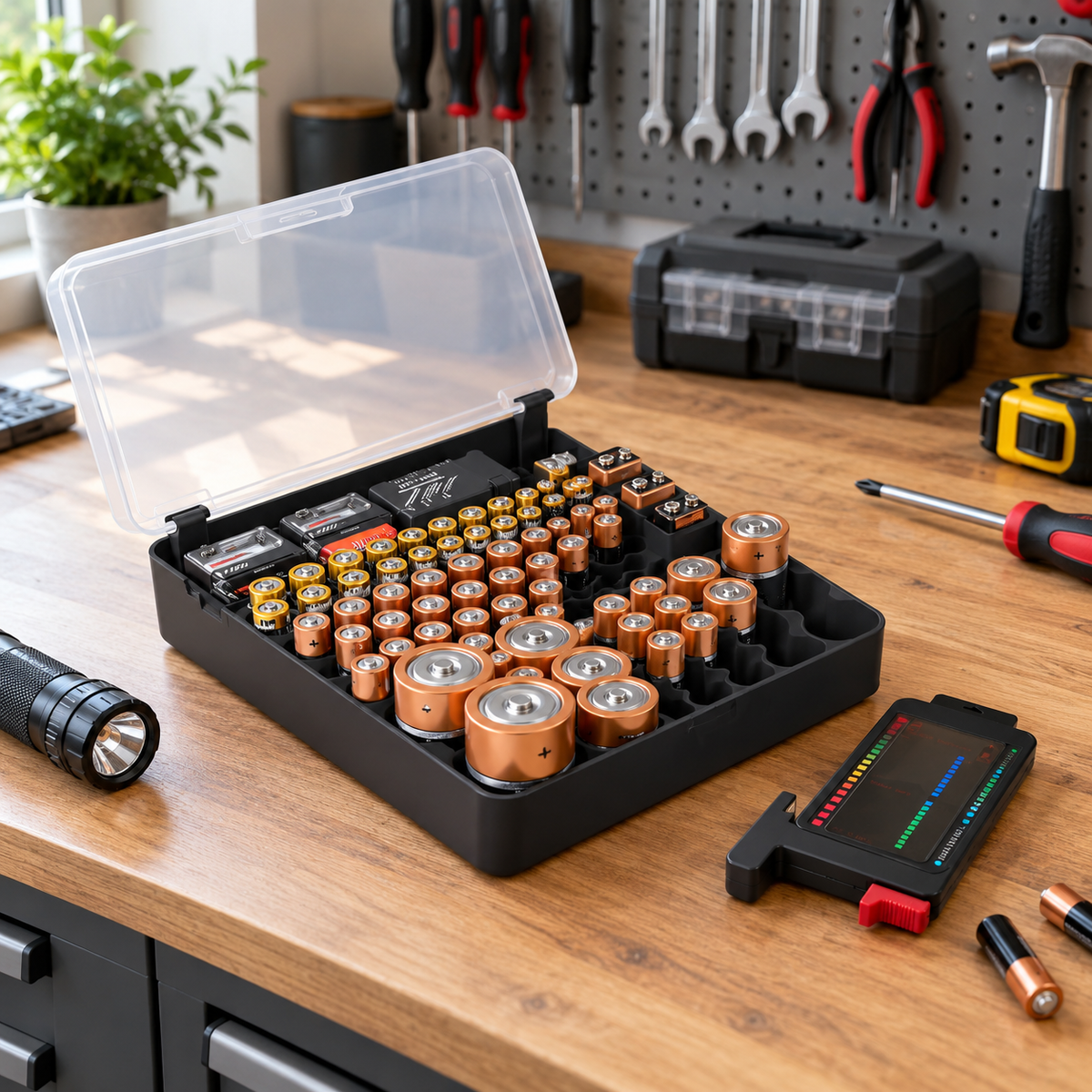 93-slot battery storage organizer case with tester