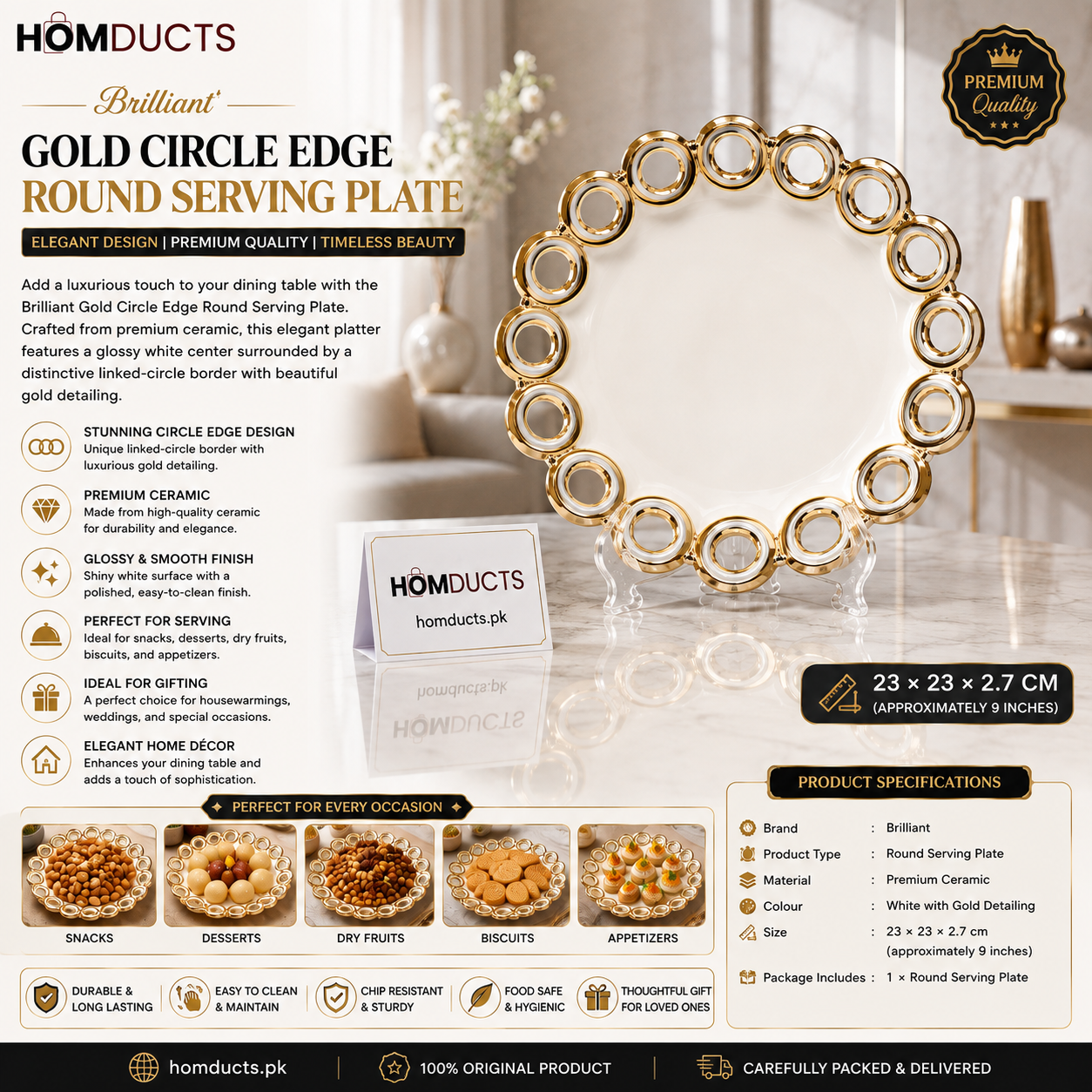 Brilliant Luxury Gold Circle Edge Round Serving Plate 9-Inch – Decorative Ceramic Platter