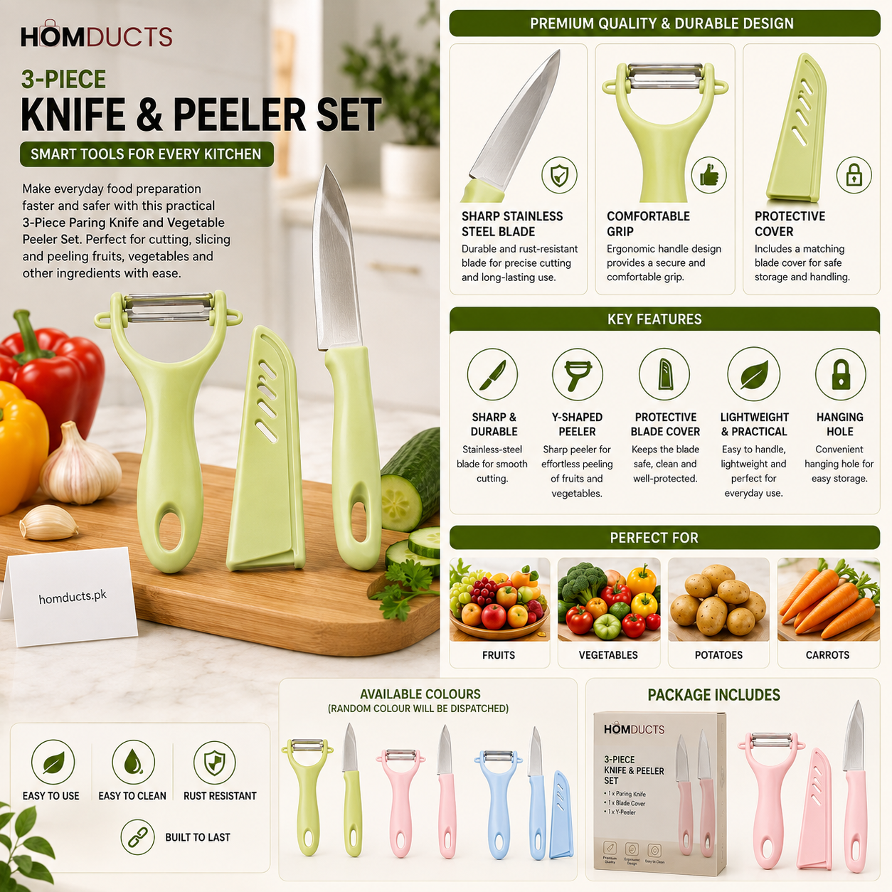 3-Piece Stainless Steel Paring Knife with Protective Cover & Vegetable Peeler – Random Colour
