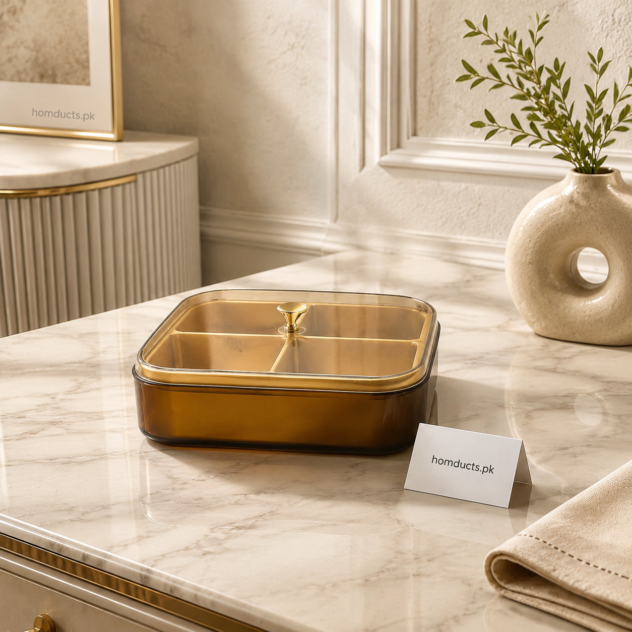 Luxury Square Dry Fruit Serving Box with Transparent Glass Lid & Divided Compartments