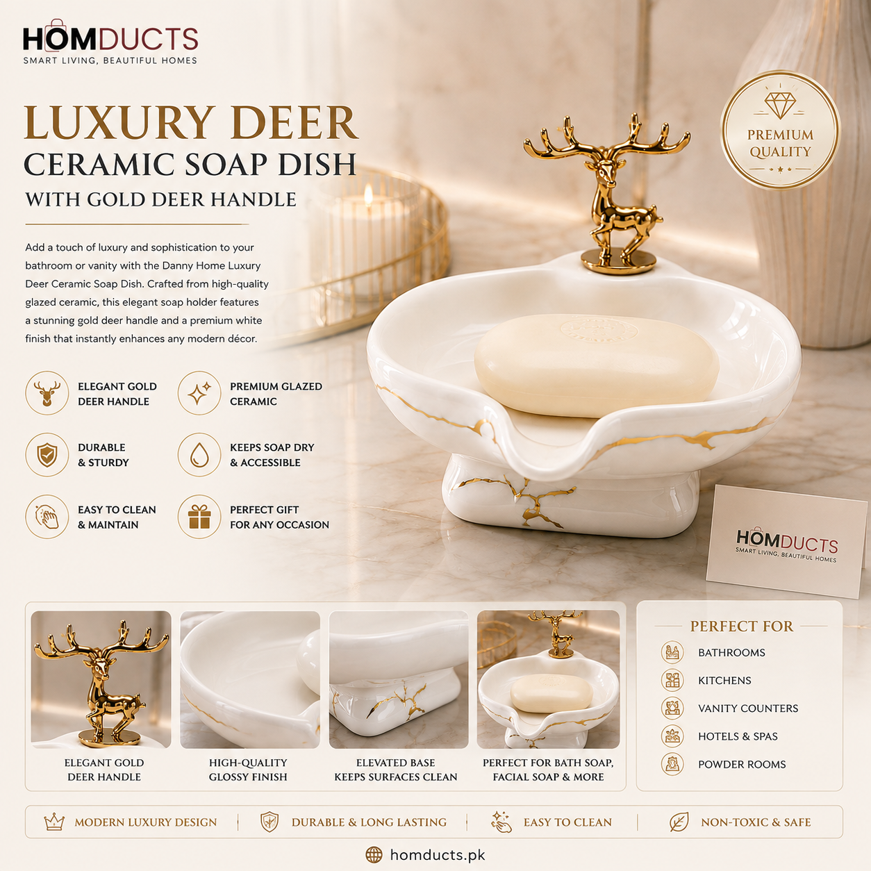 Danny Home Luxury Deer Ceramic Soap Dish with Gold Deer Handle | Premium Bathroom Soap Holder (White)