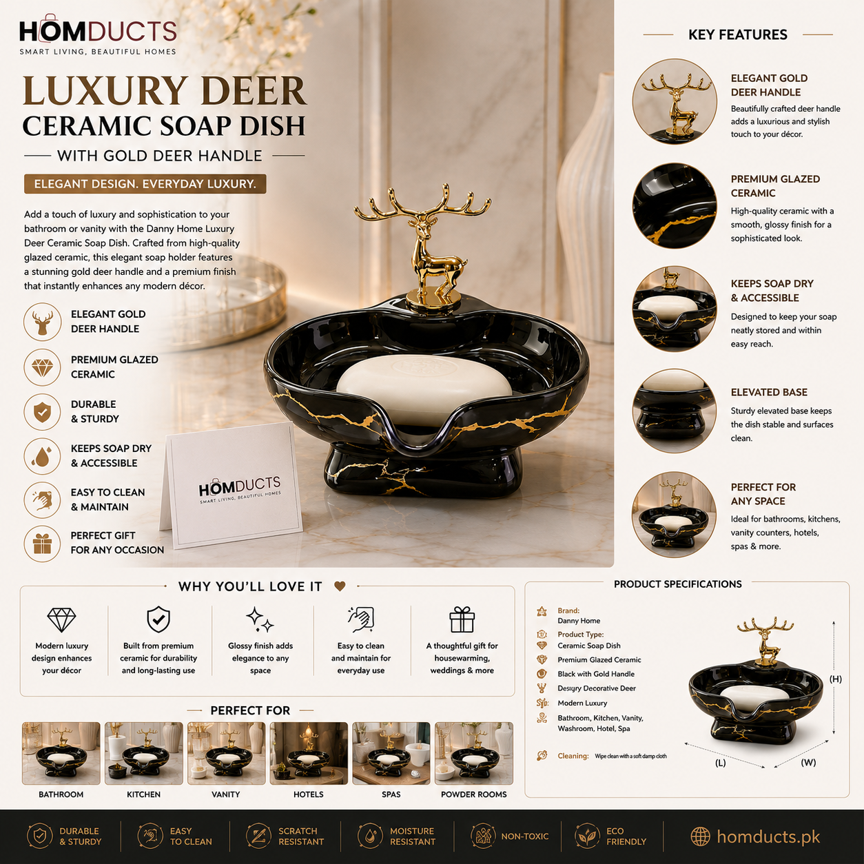 Danny Home Luxury Deer Ceramic Soap Dish with Gold Deer Handle | Premium Bathroom Soap Holder (Black)