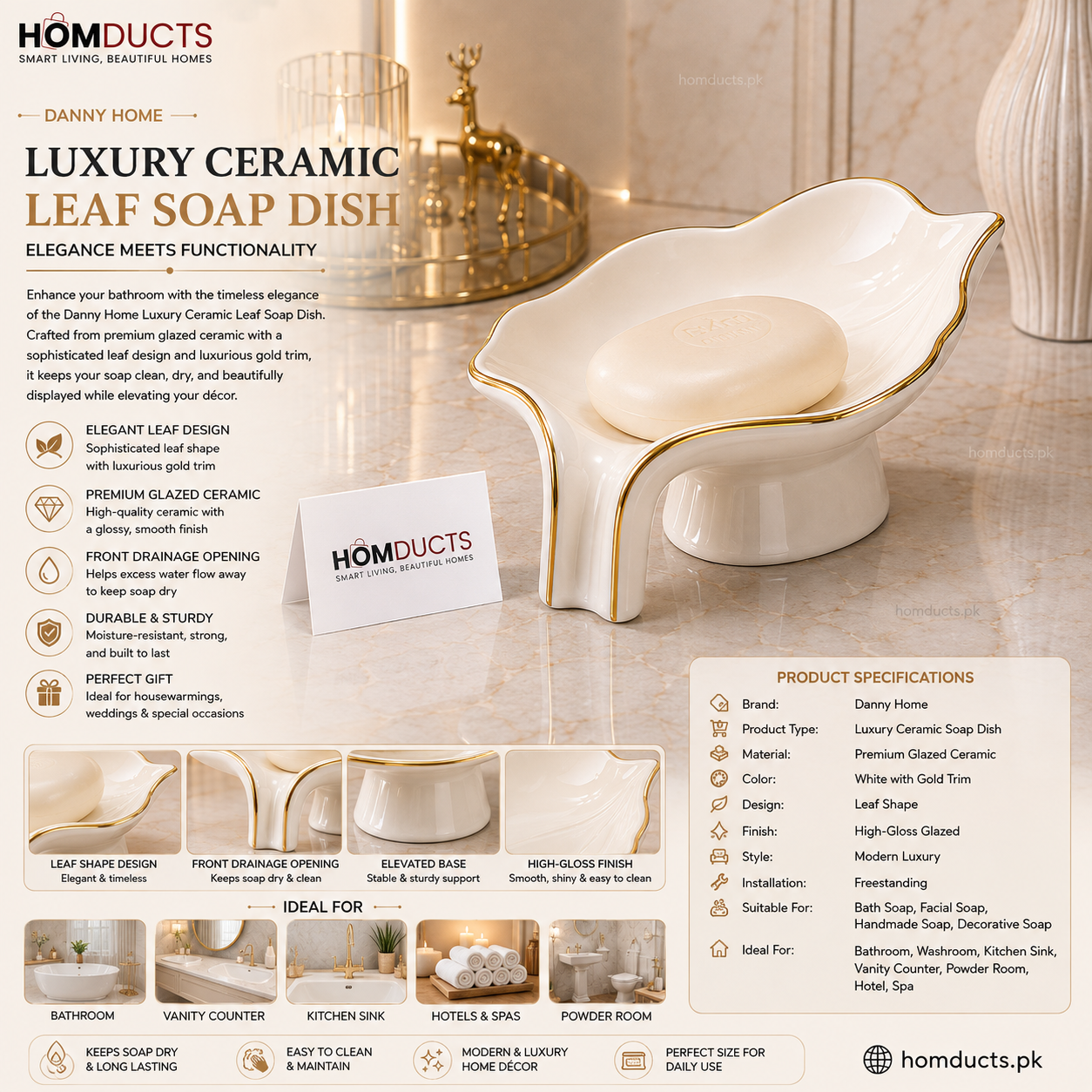 Danny Home Luxury Ceramic Leaf Soap Dish with Gold Trim – Premium Bathroom Soap Holder (White)