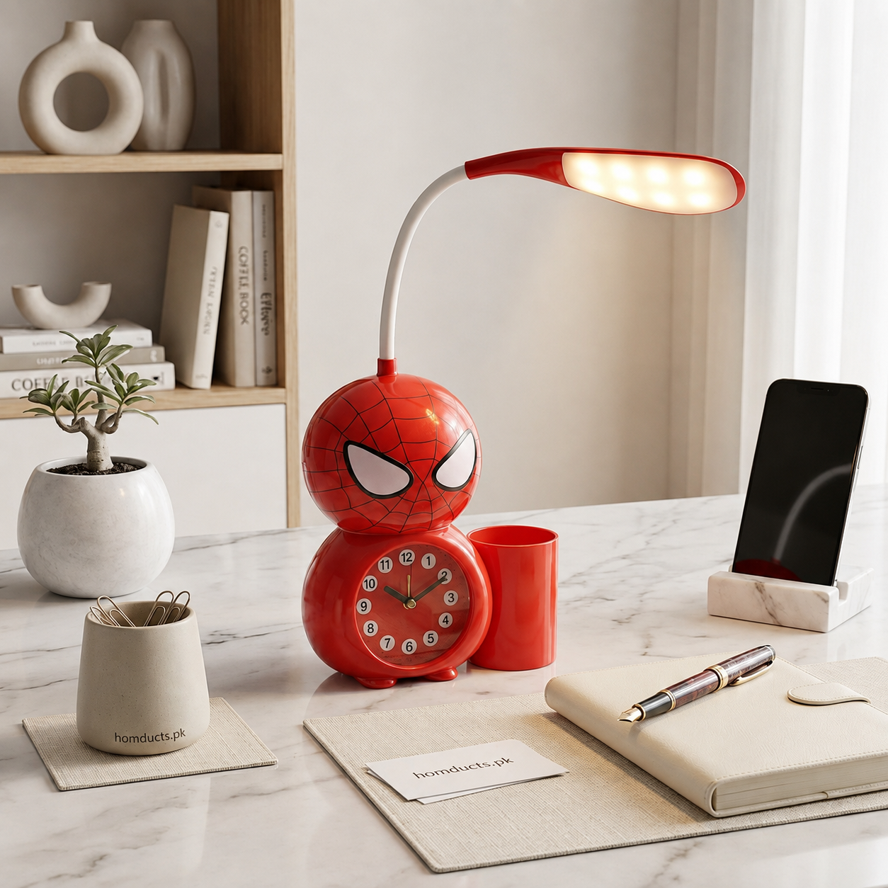 Cute Spider-Man LED Study Lamp with Alarm Clock & Pen Holder – Kids Desk Light