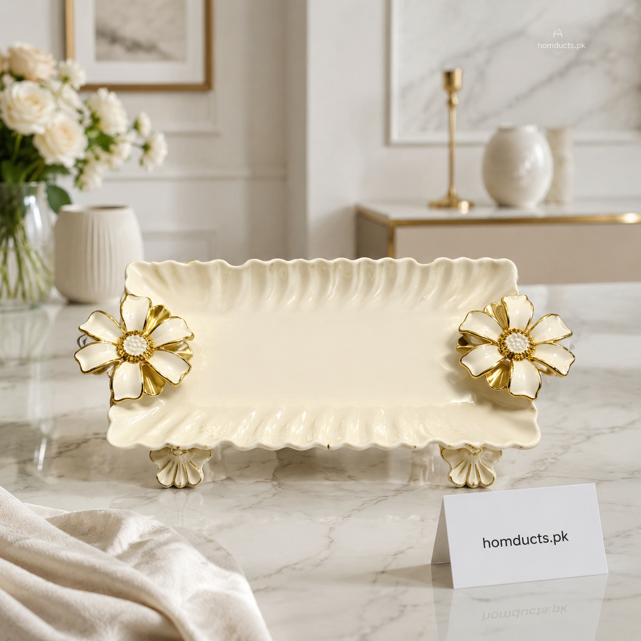 Brilliant Luxury Flower Rectangular Serving Plate with Gold Accents – 11 Inch