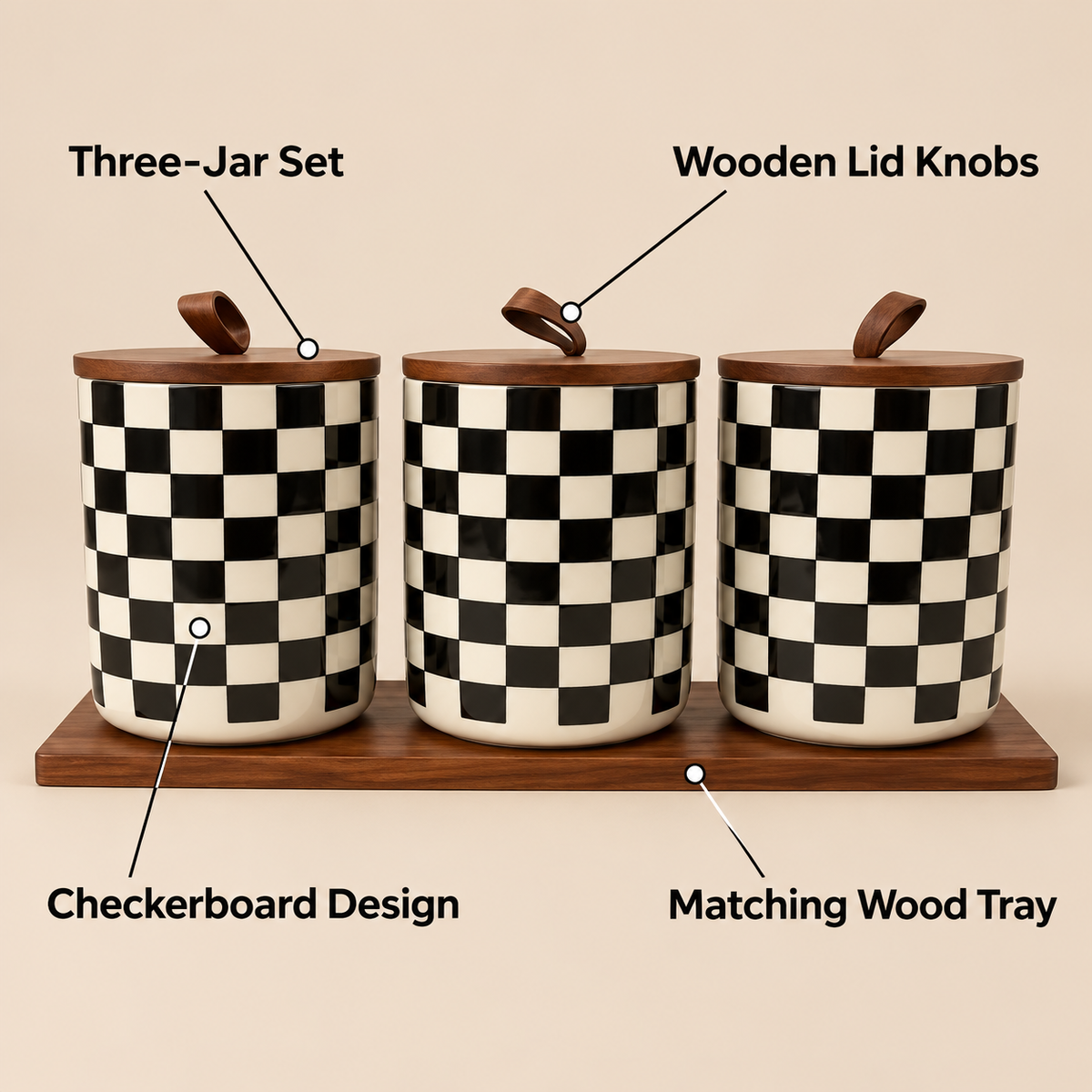 Black & Cream Checkerboard 3-Jar Set with Wooden Tray features