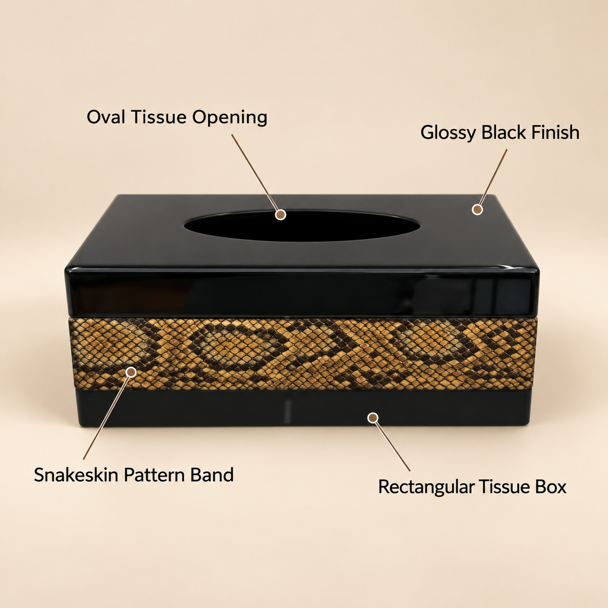 Black Tissue Box with Gold Patterned Panel features