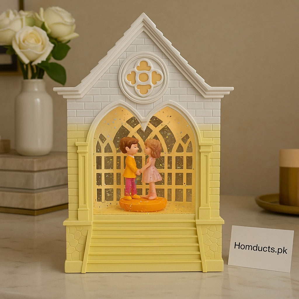 Romantic Glow Chapel Snow Figurine – Luxury Couple Showpiece with Glitter Light
