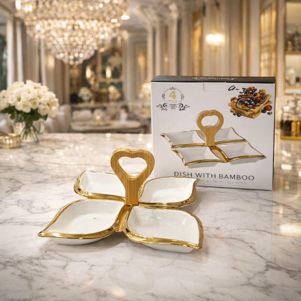 Luxury 4-Section Ceramic Serving Dish with Bamboo Heart Handle
