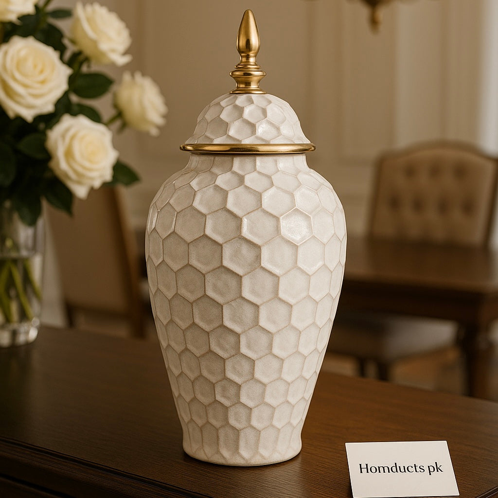 Luxury Honeycomb Pattern Ceramic Jar with Golden Lid – Decorative Vase