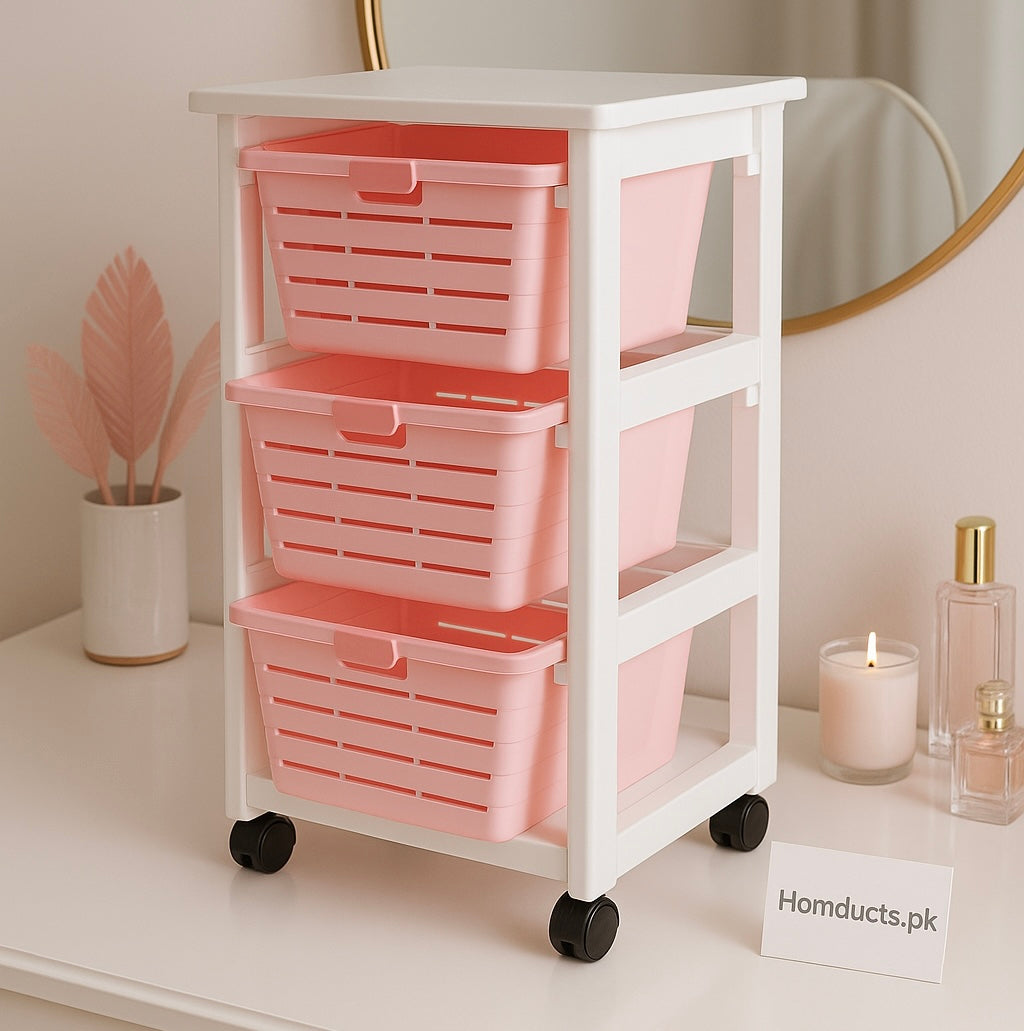 ZIBA 3-Tier Rolling Storage Trolley with Pull-Out Baskets – Multi-Purpose Organizer for Home & Office