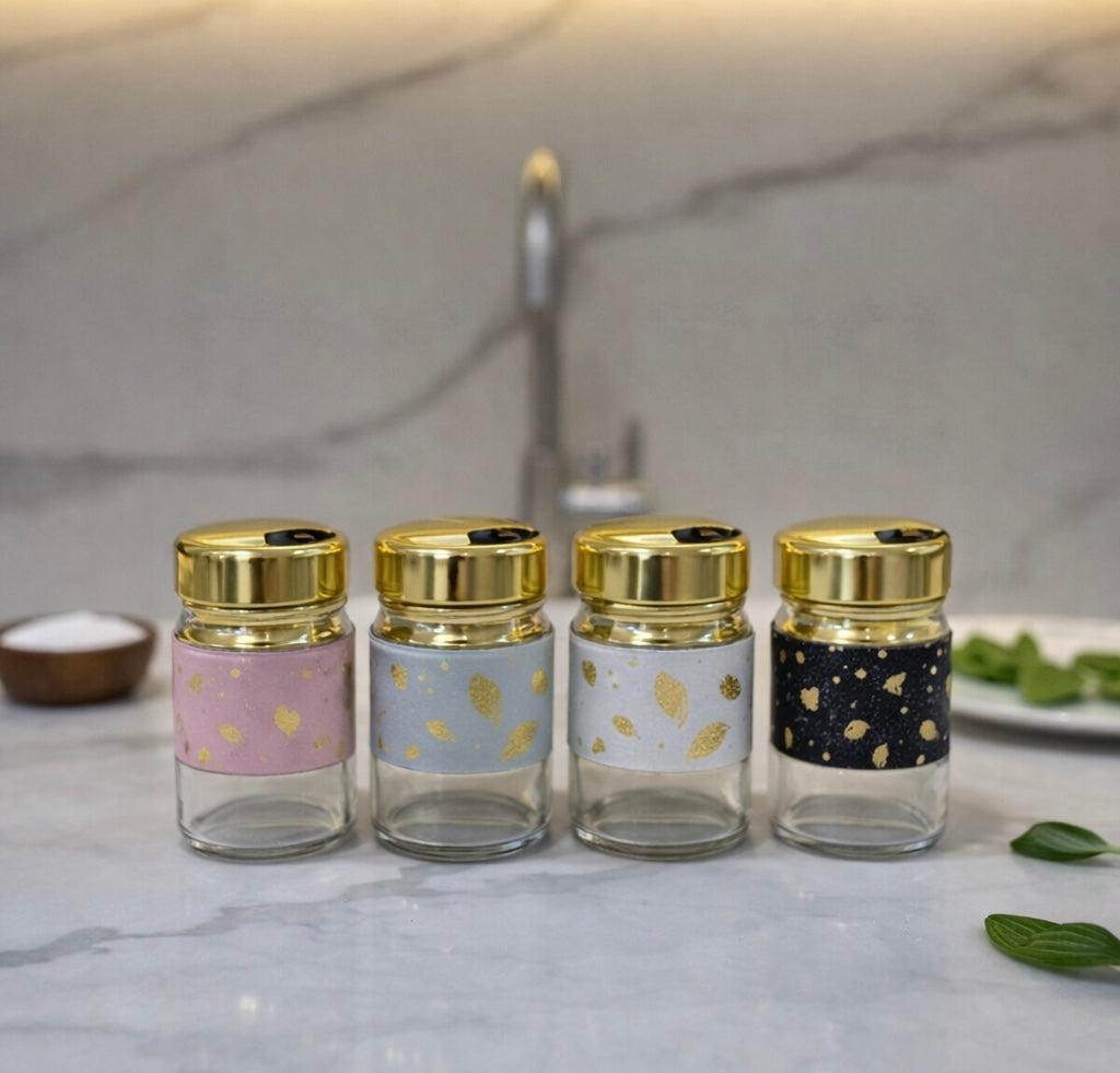 Premium Glass Spice Jar with Gold Lid – Decorative Kitchen Seasoning Shaker (1 Pc)