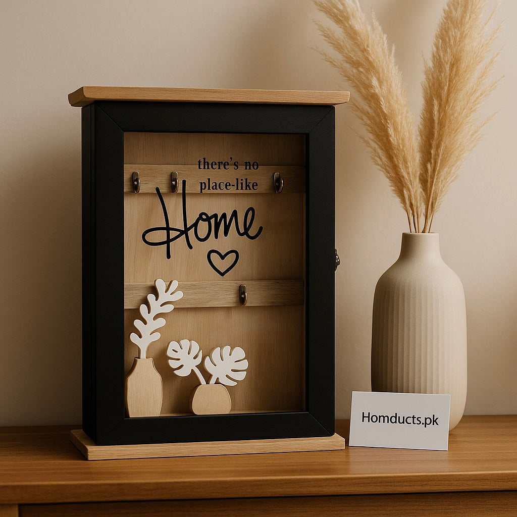 Wooden Wall Mounted Key Holder Box – “There’s No Place Like Home” Decorative Key Organizer | 3-Hook Entryway Storage Cabinet