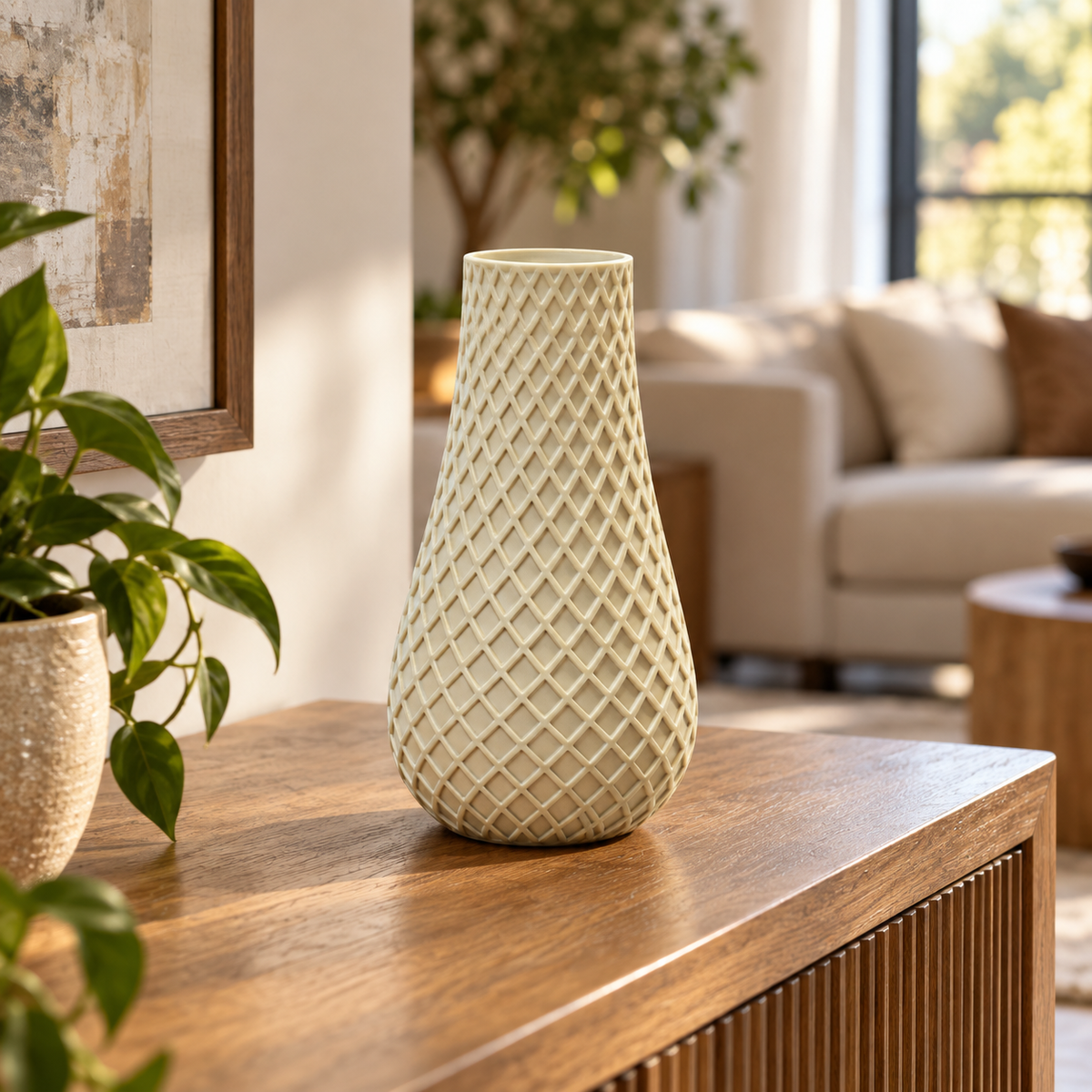 Tall Diamond Lattice Decorative Flower Vase - Beige