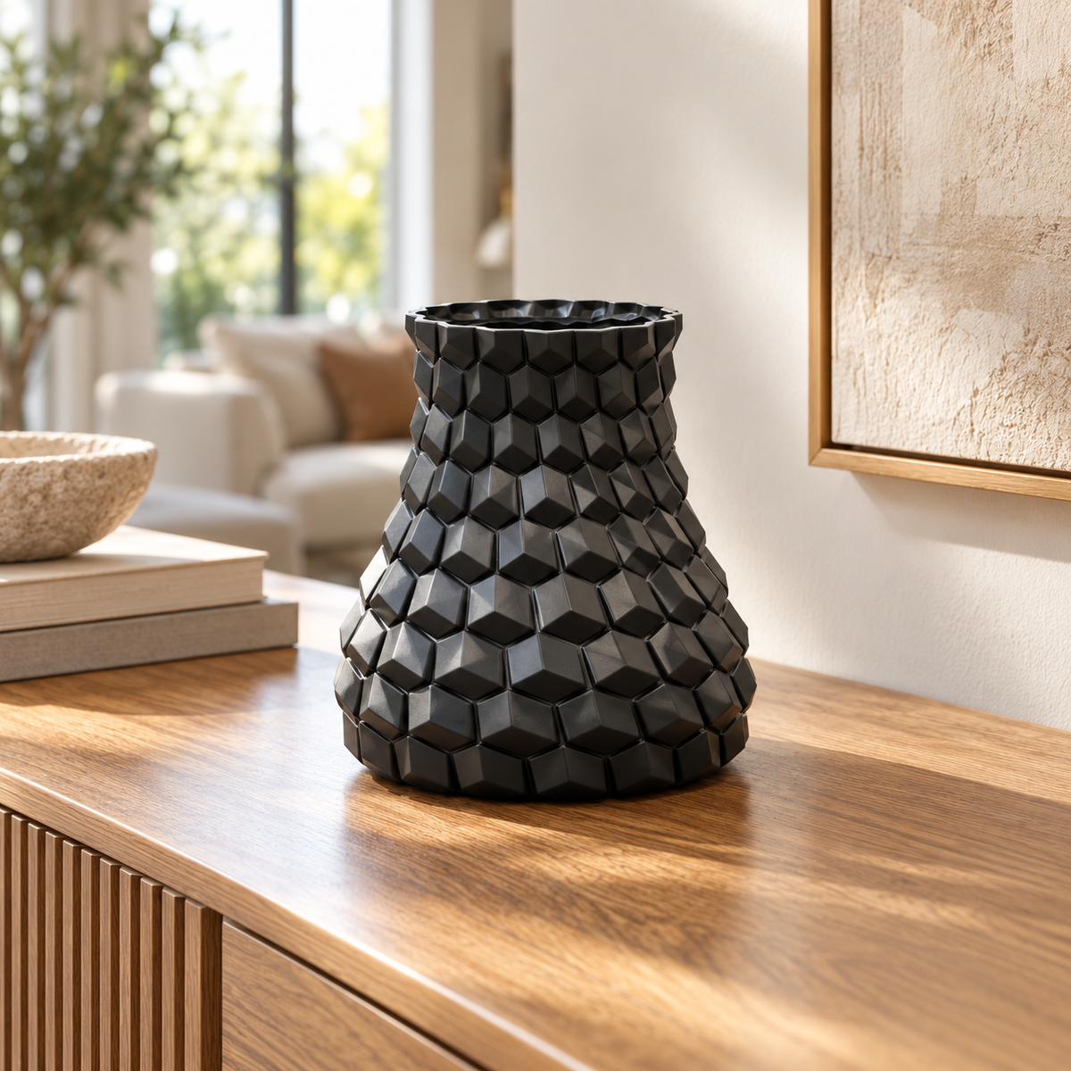 Geometric Faceted Decorative Flower Vase - Black