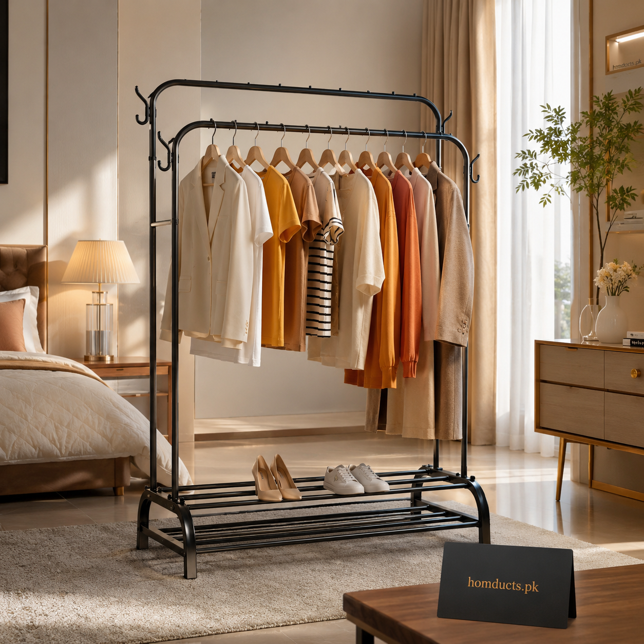 Luxury Double Rail Garment Rack with Bottom Shoe Storage Shelf – Heavy Duty Modern Clothes Hanging Stand for Bedroom, Dressing Room & Laundry Organization
